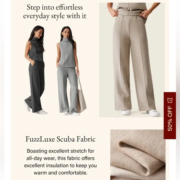 OGL Wrinkle-Resistant Mid Rise Wide Leg Pants w/ Pockets Petite Small in Oatmeal - Picture 3 of 4